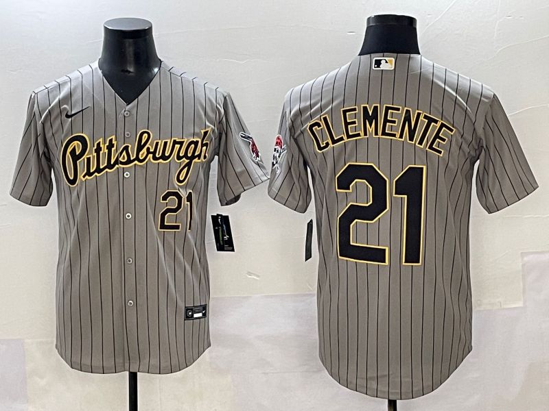 Men 2025 Pittsburgh Pirates #21 Clemente Grey Stripe Throwback Nike MLB Jersey style 1->pittsburgh pirates->MLB Jersey